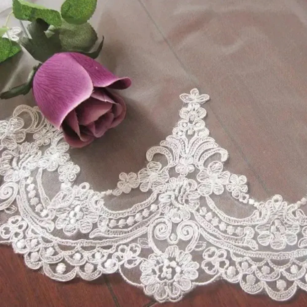 Cathedral Bridal Wedding Veil With Embroidered Floral Lace Edge and Comb